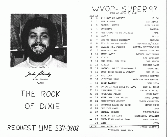 "The Rock Of Dixie" (Pre-98Q) Music Survey July 8, 1975
